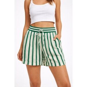 Anthropologie Green Striped Silky Bermuda Shorts Ribbed Waist Size M